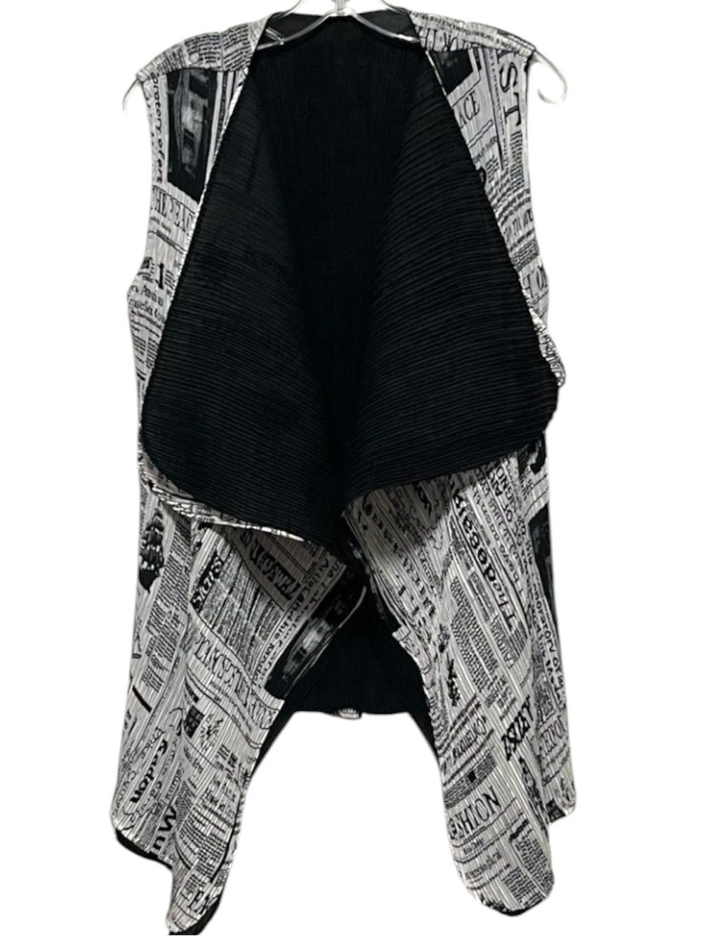 Neo Noble vintage artsy black white newspaper print pattern draped vest